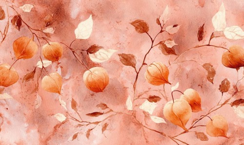 A painting of a tree with orange leaves and orange flowers. The painting has a warm and inviting
