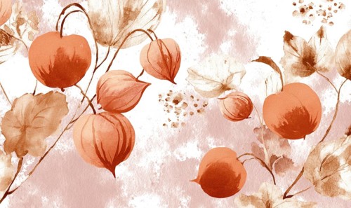 A painting of a bunch of orange flowers with leaves. The flowers are in various sizes and are