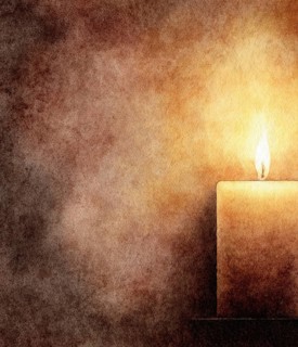 A candle is lit in a room with a brown wall. The candle is the only light in the room. AI generated