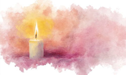A candle is lit in a painting with a pink background. The painting has a warm and calming mood,