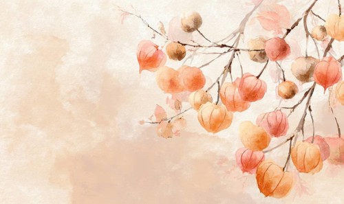 A painting of a tree with orange and red fruit hanging from it. The painting has a warm, inviting