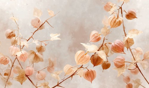 A painting of a branch with orange flowers on it. The painting has a warm and inviting mood. The