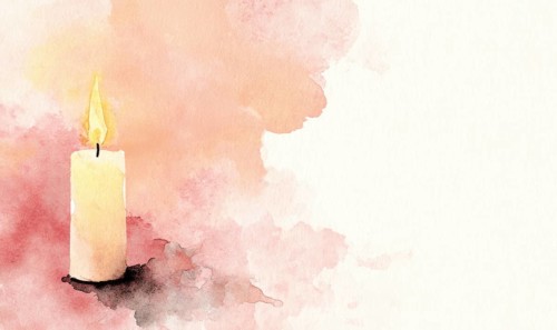 A candle is lit in a painting with a pink background. The candle is the main focus of the painting,