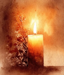 A candle is lit in a painting with a dark background. The candle is surrounded by flowers, which