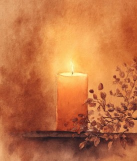 A candle is lit in a painting with a warm, orange background. The candle is the main focus of the