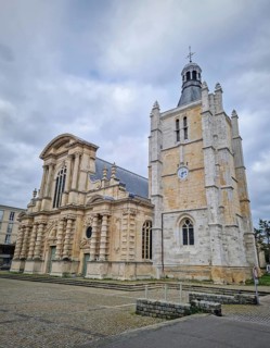 Notre-Dame Cathedral in Le Havre, France. The architecture contrast from ornate Baroque main facade