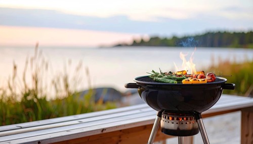 Cooking vegetables on grill outdoors, healthy lifestyle with healthy food, close up of grill with
