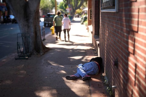 Homeless people in the coastal town of San Luis Obispo, California, USA