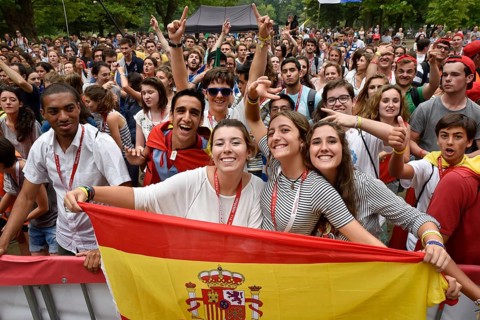 WROCLAW, POLAND - JULY 24, 2016: Playing pilgrims of the World Youth Day during open concert Mercy