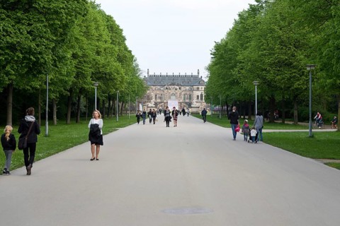 Dresden, Gerrmany- May 6, 2017: Grosser Garten park and Baroque palace in the background