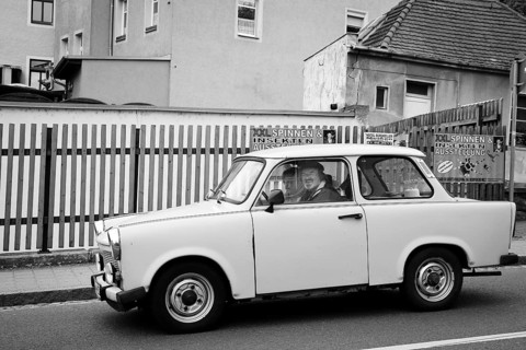 MEISSEN, GERMANY - MAY 05, 2017: Trabant retro vehicles at the street. Famous car was produced in