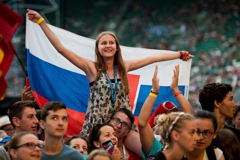 WROCLAW, POLAND - JULY 23, 2016: Pilgrims of the World Youth Day during concert Singing Europe. The