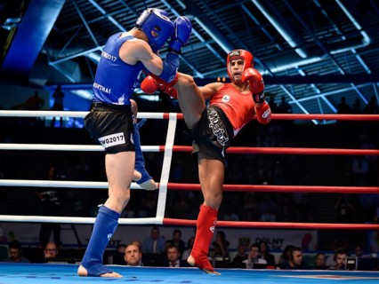 WROCLAW, POLAND - JULY 29, 2017: Muaythai fight during the The World Games 2017. Men fight Ahmad