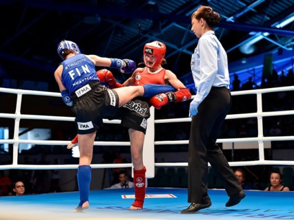 WROCLAW, POLAND - JULY 29, 2017: Muaythai fight during the The World Games 2017. Women fight up to