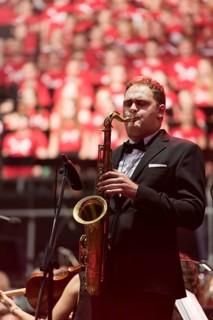 WROCLAW, POLAND - JULY 23, 2016: Saxophonist during concert Singing Europe. The concert is part of