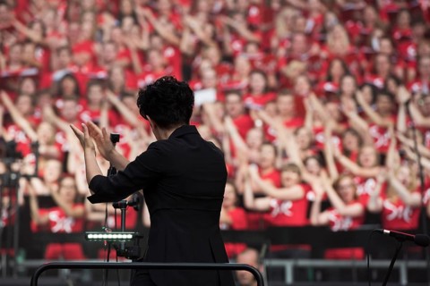 WROCLAW, POLAND - JULY 23, 2016: Conductor Agnieszka Frankow-Zelazny during concert Singing Europe.