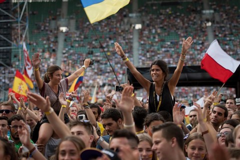 WROCLAW, POLAND - JULY 23, 2016: Pilgrims of the World Youth Day during concert Singing Europe. The