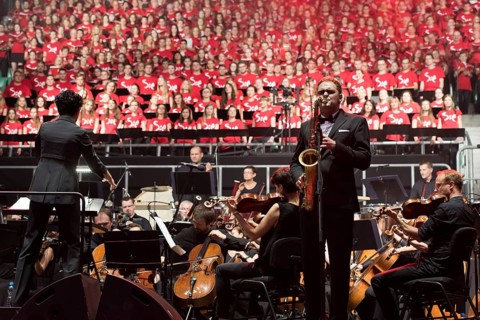 WROCLAW, POLAND - JULY 23, 2016: Orchestra and choir during concert Singing Europe. The concert is