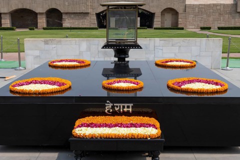 Black marble memorial at Raj Ghat in Delhi, dedicated to Mahatma Gandhi, Mohandas Karamchand