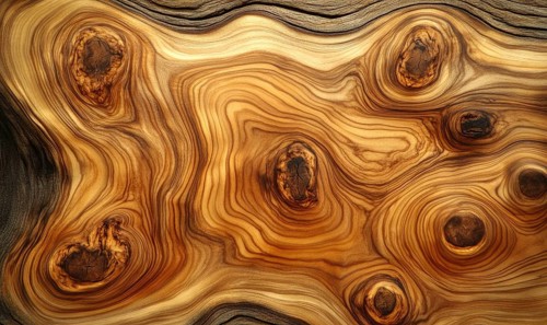 Wood surface with prominent knots and swirling grain patterns in warm tones. AI generated