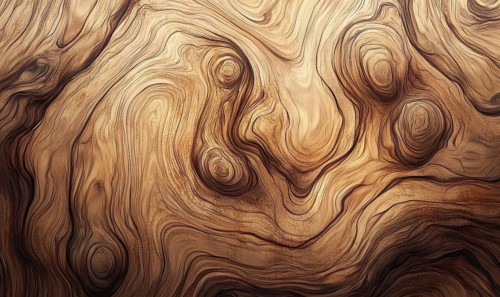 Complex wood texture with swirling patterns and knots in deep brown tones. AI generated