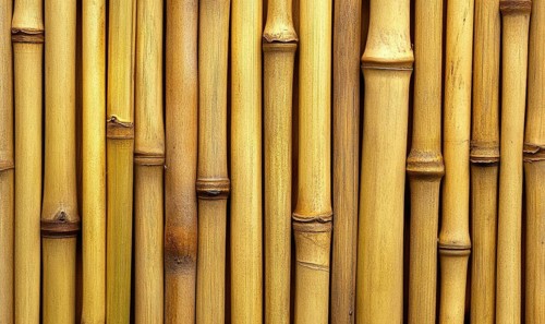 A row of bamboo sticks are shown in a close up. The sticks are brown and appear to be weathered.