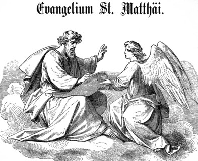 Introductory picture to the Gospel of Matthew, chapter 1, God, angel, scroll, pen, writing, New