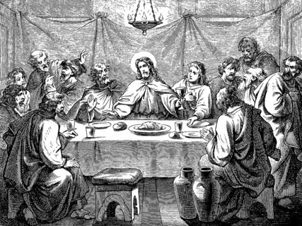 The last meal of Jesus with his disciples, truly one will betray me, woman with glass of water,