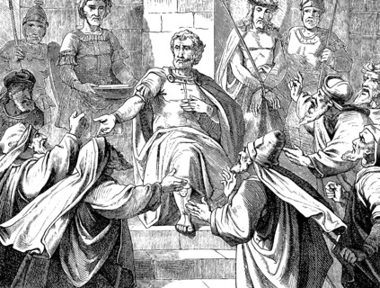 The governor Pilate in the judgment seat, the people demand Jesus crucifixion, Jesus bound with