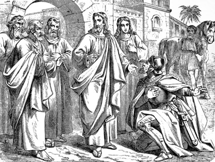 The captain at Capernaum kneels and speaks to Jesus, Gospel of Matthew, chapter 8, halo, servant,