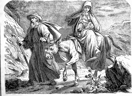 Mary and Joseph flee to Egypt with baby Jesus, donkey, horse riding, mountain landscape, walking