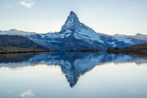 Matterhorn Mountain and Reflection in Lake Stellisee in Evening. Swiss Alps. Valais, Switzerland