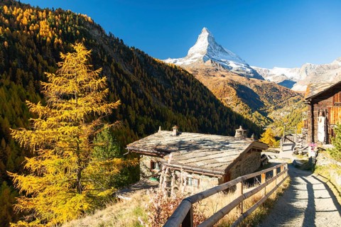 Matterhorn Mountain, Houses of Village, Wooden Path and Yellow Larches in Autumn in Sunny Morning.