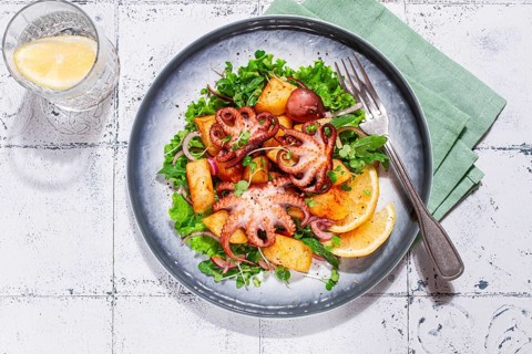 Warm grilled octopus salad with potatoes and fresh herbs, on a stylish plate, homemade