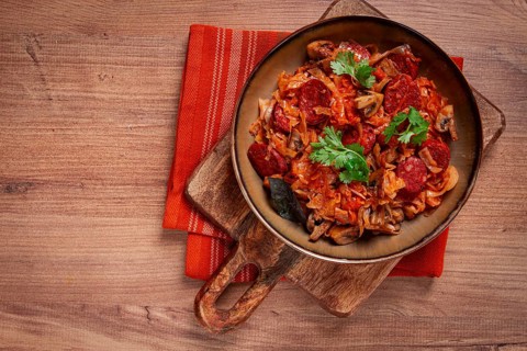 Bigos, bigos Polish dish, stew with cabbage and chorizo sausages, mushrooms, homemade, no people