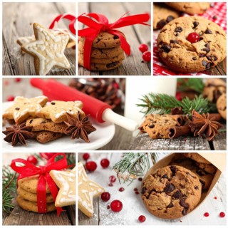 Collage of Christmas cookies and sweets, variation of sweet desserts, lots of unhealthy calories,