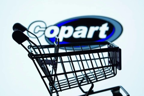 Dhaka, Bangladesh- 03 July 2025: Silhouette of a shopping cart in front of the Copart logo,