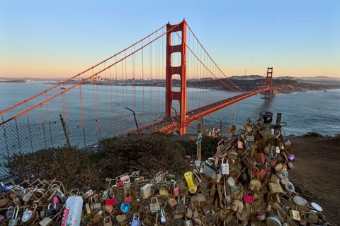 The Golden Gate Bridge is a steel suspension bridge that was built between January 1933 and April
