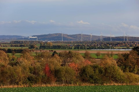 View towards Hildesheim with Nordzucker sugar factory, wind turbines, Lüdersen mountain village,