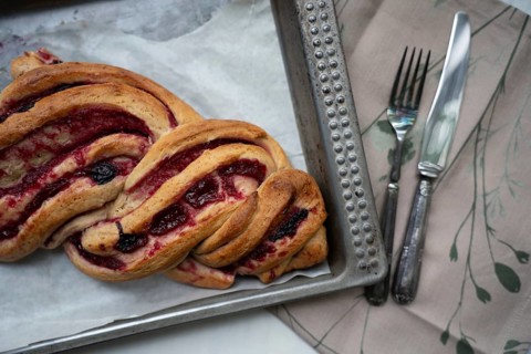 Marmalade strudel on an antique baking tray