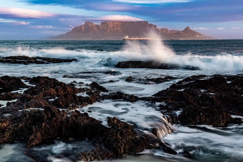 Table Mountain in evening light as seen from Blouberg Beach, Cape Town, Western Cape, Republic of