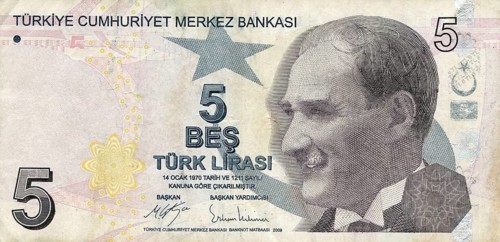 A paper banknote of 5 lira denomination issued by the Central Bank of Turkey for financial and