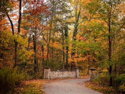 Pathway leading to a stone bridge with trees in autumn colors along the Thames Valley Parkway in