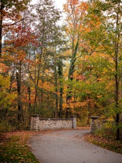 Stone bridge on a path surrounded by trees in brilliant autumn hues along the Thames Valley Parkway