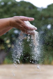 Hands holding and sifting white flour, with particles falling through fingers, demonstrating baking