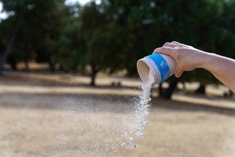 Hand pouring white chalk powder from a container, creating a cloud of dust dispersing in an outdoor