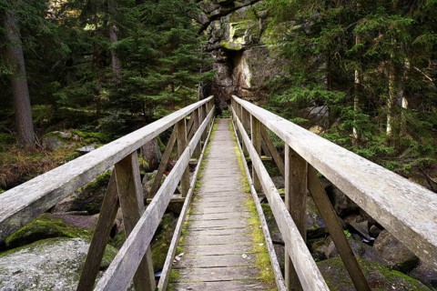 A small wooden bridge leads through a forest, surrounded by rocks and tall trees, Höllfall