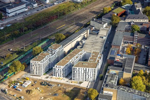 Aerial photo, construction site new literature quarter for offices and apartments between