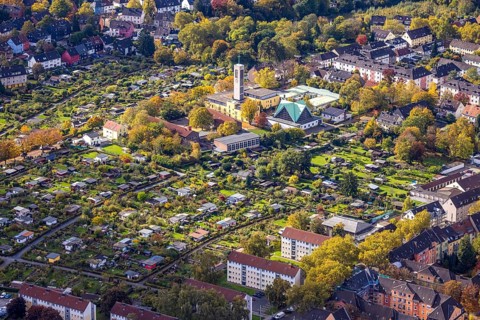 Aerial view, allotment gardener association Essen West e.V. and Evangelical St. Mark's Church,