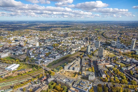 Aerial view, construction site new literature quarter for offices and apartments between